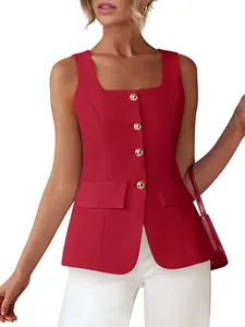 Chic red slim fit sleeveless vest top for women featuring square neck and gold buttons