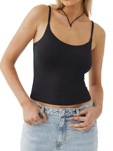 Close-up of women's black low scoop neck camisole with adjustable spaghetti straps
