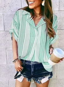Detailed lifestyle shot of a women's green and white striped V-neck Polo shirt with five-point sleeves