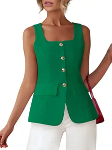 Elegant women's green square neck sleeveless vest top with gold buttons and slim fit