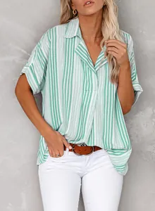 Stylish green and white striped V-neck Polo shirt for women styled with a belt