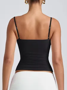 Detailed back view of a black women's camisole with adjustable spaghetti straps