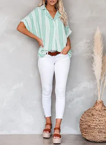 Stylish women's green and white striped V-neck polo shirt with short sleeves for summer