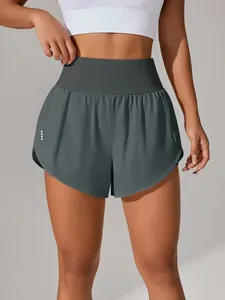 Pantaloncini da yoga grigio scuro a vita alta da donna con design finto due pezzi