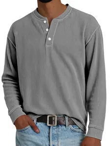 Detail showing grey ribbed fabric and buttoned Henley neck on men's long sleeve top