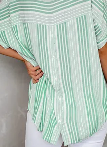 Back detail view of green and white striped short sleeve polo shirt for women in summer