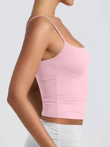Close-up side profile of a pink adjustable spaghetti strap tank top for women summer wear