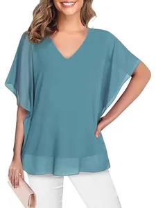 Elegante groenblauwe chiffon blouse met V-hals en losse fladder mouwen voor dames
