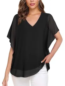 Elegante zwarte chiffon blouse met V-hals en vlindermouwen, losse casual damestop