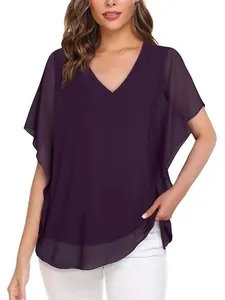 Elegante donkerpaarse chiffon blouse met V-hals en vlindermouwen voor moderne dames