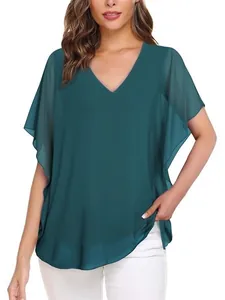 Elegante losse groenblauwe chiffon blouse met V-hals en vlindermouwen voor het voorjaar