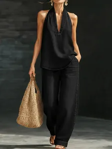 Ensemble en denim noir délavé rétro avec haut licou sans manches et pantalon