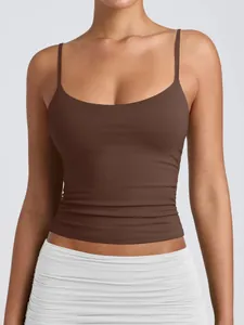 Detailed view of women's brown scoop neck camisole with adjustable spaghetti straps