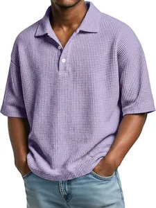 Close-up detail of a men's lavender waffle knit polo shirt with button collar