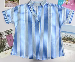 Detailed view of women's blue and white striped shirt with V-neck and Polo collar design
