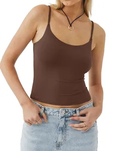 Close-up of women's dark brown low-cut camisole vest showing fabric texture and fit