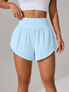 Pantaloncini sportivi azzurri a vita alta donna con design finto due pezzi asciugatura rapida