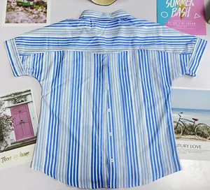 Detailed back view of a blue and white striped short-sleeve polo shirt for summer