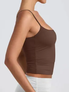 Detail side view of a brown women's scoop neck camisole featuring adjustable straps