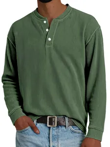 Detail view of men's olive green ribbed long sleeve Henley shirt with button placket