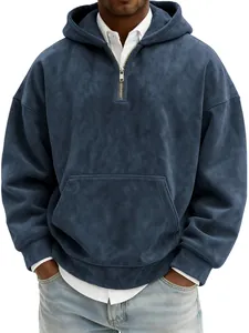 Detailed view of a men's blue distressed suede half-zip hoodie with front pocket
