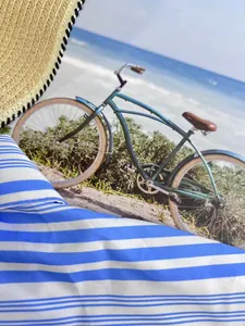 Close-up of V-neck Polo shirt featuring vintage bicycle print on blue striped fabric