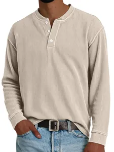 Men's casual ribbed Henley long sleeve T-shirt with button neck in beige colorway.