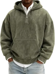 Detail view of men's vintage olive faux suede half-zip hooded sweatshirt texture