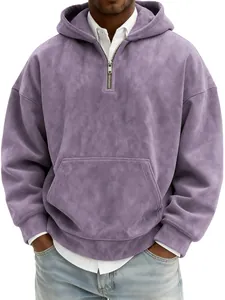 Detail of vintage purple suede men's half-zip hoodie showing texture and pocket