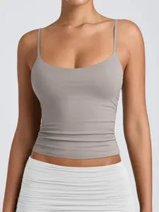 Close-up view of the grey adjustable spaghetti strap camisole with low round neck