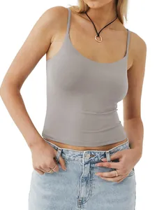 Detailed view of a grey women's scoop neck camisole with adjustable thin straps