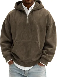 Men's vintage brown faux suede half-zip hoodie with front pouch pocket and hood