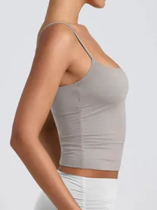 Side view of a grey women's camisole featuring adjustable straps and scoop neck