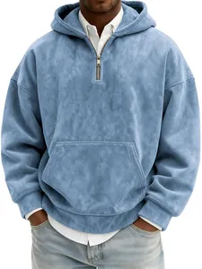 Detail of blue faux suede half-zip hoodie with kangaroo pocket and hood