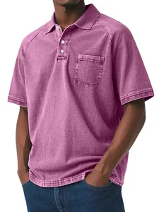 Macro view of vintage distressed purple men's polo shirt featuring a classic chest pocket