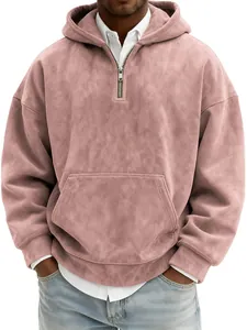 Close-up of vintage pink faux suede hoodie with half-zip and front kangaroo pocket