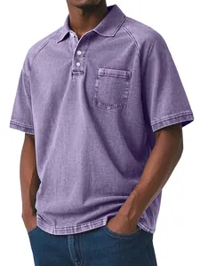 Macro view of men's distressed purple polo shirt with front pocket and button detail