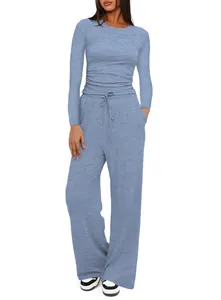 Casual blue two-piece lounge set with ruched long sleeve top and wide leg pants