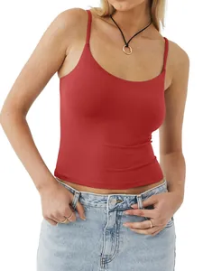 Red scoop neck camisole tank top with adjustable thin straps shown on a female model
