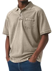 Detail of men's distressed khaki polo shirt with chest pocket and button-up collar