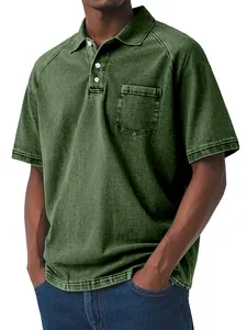 Detailed close-up of men's washed dark green polo shirt featuring a front pocket and buttons