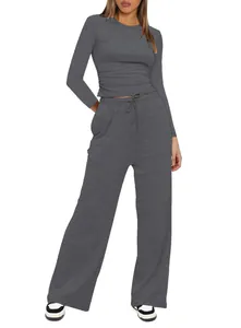 Grey two-piece casual set featuring a ruched long-sleeve top and high-waist wide-leg pants