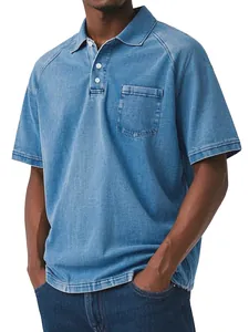 Detailed shot of men's vintage washed denim-look polo shirt featuring a chest pocket