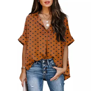 Women's casual brown polka dot V-neck Polo blouse featuring stylish half sleeves design