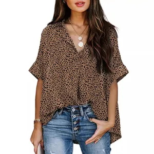Elegant women's leopard print V-neck Polo shirt featuring casual half sleeves and stylish fit