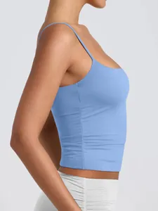Side view detail of light blue low round neck camisole with adjustable straps