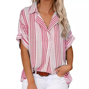 Casual women's V-neck striped polo shirt with pink and white vertical patterns for summer