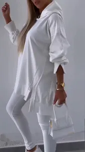Women's chic white side slit hooded sweatshirt and matching leggings casual outfit set