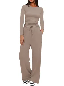 Women's 2-piece solid color lounge set with ruched long sleeve top and wide leg pants