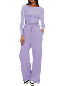 Women's lavender casual loungewear set featuring a ruched top and wide leg pants